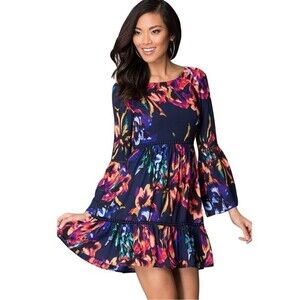 Gorgeous vibrant colors empire waist long bell sleeve ruffle dress size small